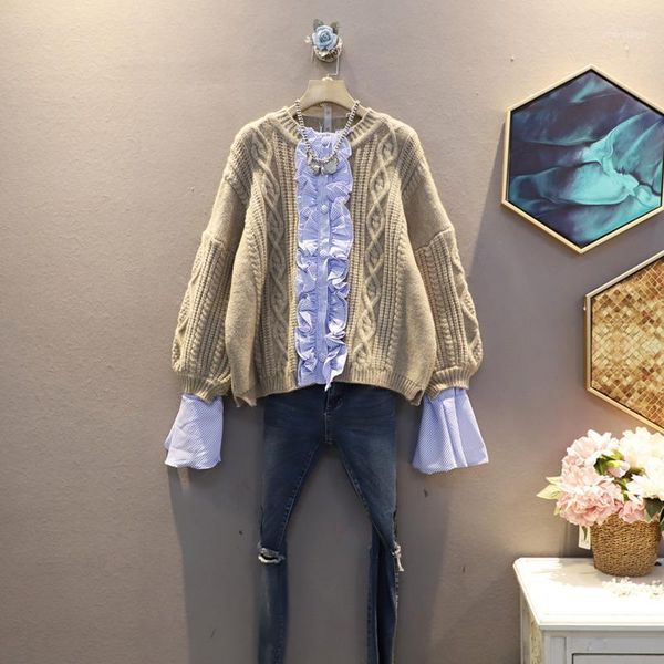 

ewq] sweater women's patchwork fake two office lady full sleeve round collar slim 2020 spring autumn new fashion tide tu7951, White;black