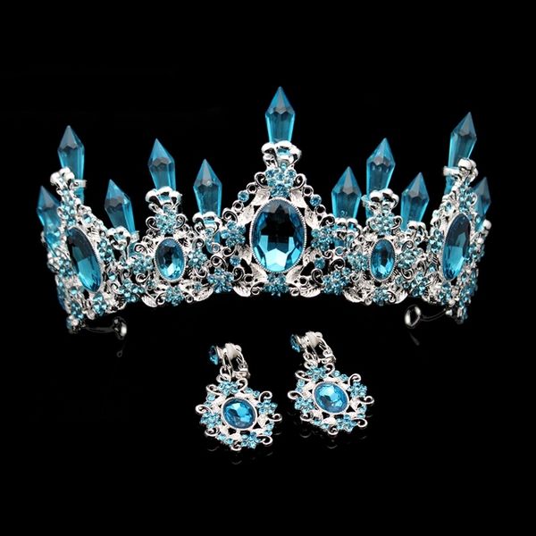

fashion beauty sky blue crystal wedding crown and tiara large rhinestone queen pageant crowns headband for bride hair accessory t200108, White;golden