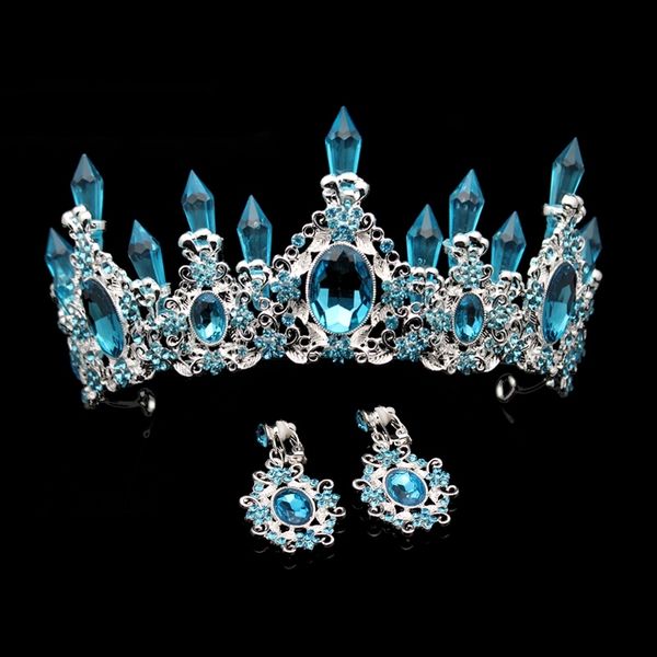 Fashion Beauty Sky Blue Crystal Wedding Crown e Tiara Grande strass Queen Pageant Corone Fascia per capelli da sposa Accessorio T200108