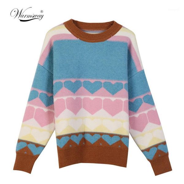 

2020 fall winter new arrival oversize knit pullover sweater women o-neck patchwork sweet heart long sleeve sweater female c-1941, White;black
