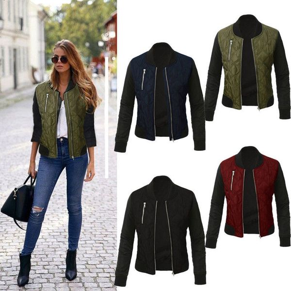 

women's classic padded bomber jacket ladies vintage zip slim biker coat outwear, Tan;black