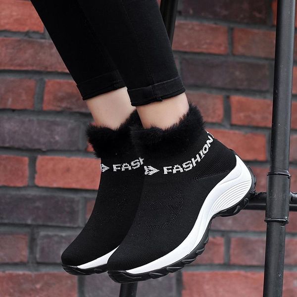 

boots 2021 winter ankle women snow warm plush platform sneakers breathable mesh travel casual shoes, Black