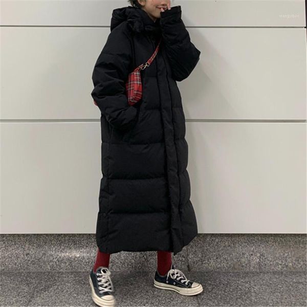 

2020 new korean loose cotton-padded black jacket fashion mid-length long hooded thick coat women winter outwear1