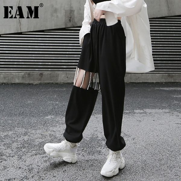 

[eam] new spring autumn high elastic waist loose pearls hollow out pockets long pants women trousers fashion tide jy775 201119, Black;white