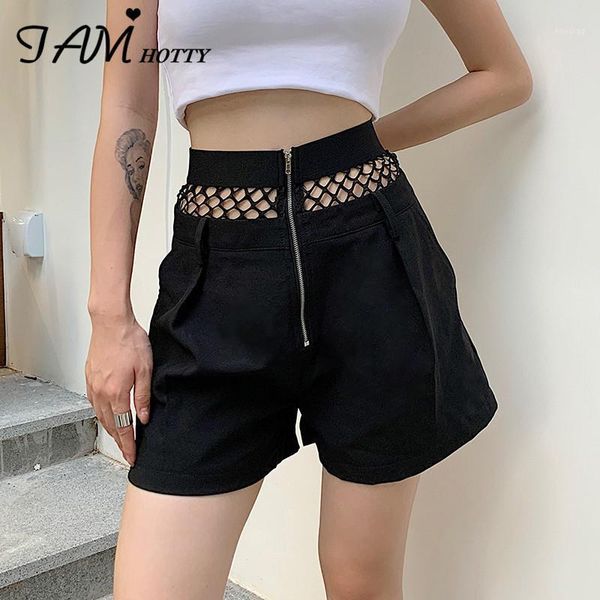 

iamy hollow out patchwork fishnet short women loose high waist zipper punk biker shorts femme gothic clothese summer1, White;black