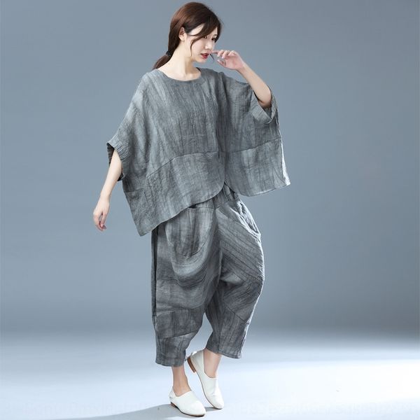

odlpu cloth 2020 spring pants and summer new e2o linen suit literary loose personalized size slimming striped pants suit two-piece set e2om1, Gray