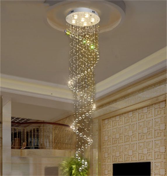 Modern ve basit LED kristal avize otel dubleks merdiven kristal tavan lambası sarmal uzun tel kolye lambaları asılı