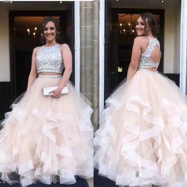 

two pieces prom dresses sequins backless robe de soriee ruffles tulle long party evening gowns, Black