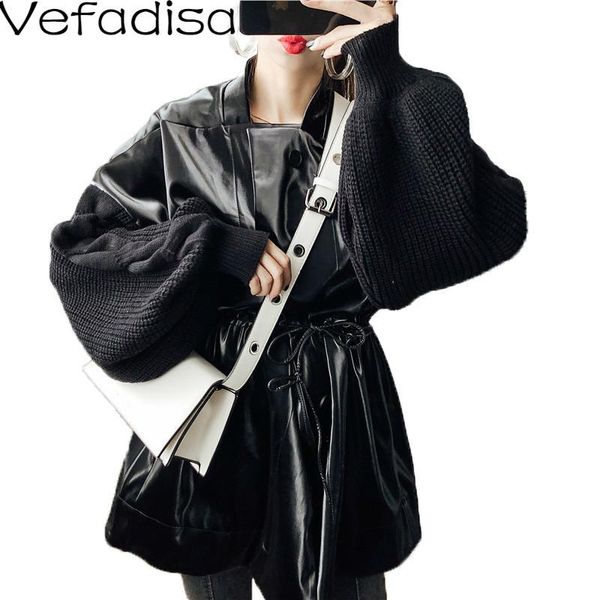 

women's leather & faux vefadisa autumn winter belt jacket patchwork long sleeve square collar casual woman loose 2021 qyf737, Black