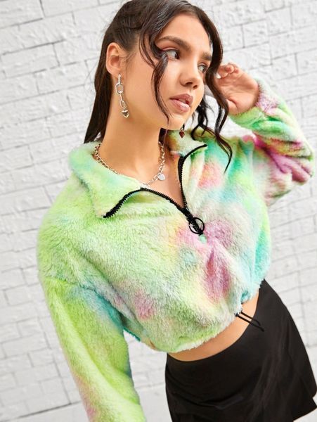 

tie dye half zip placket crop sweatshirt r0d6#, White;black