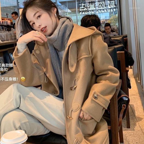 

pumpkin horn coat ~ 100 tsuen valley wool double college female mn0093 wind cloth coat1, Black