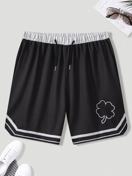 

men clover print striped trim drawstring waist track shorts b6dd#, Black