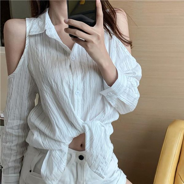 

zoki off shoulder women shirt autumn long sleeve loose white turn down collar blouse striped korean blusas mujer de moda