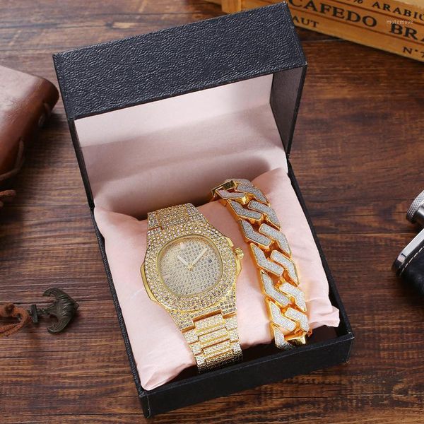 

new hip hop punk diamond steel belt chain diamond bracelet watch 2pcs/set box1, Slivery;brown