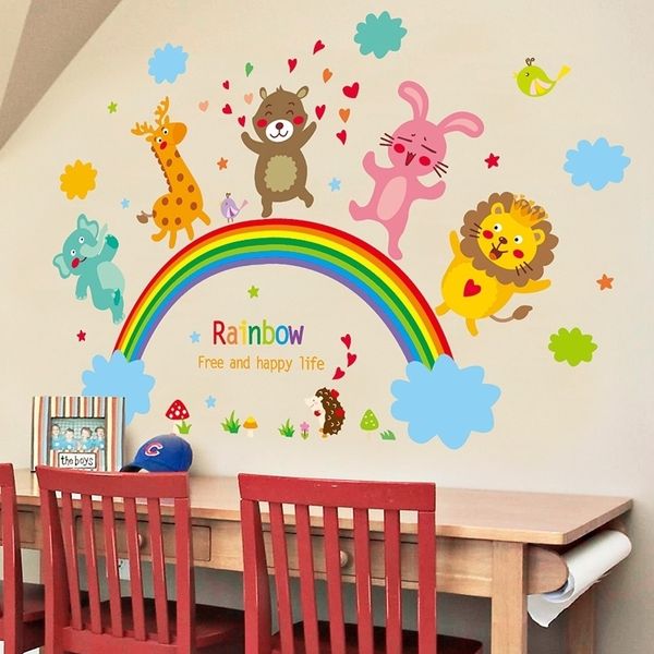 [Shijuekongjian] Cartoon Lion Bear Animali Wall Stickers DIY Arcobaleno Nuvole Murale Decalcomanie per Camere dei bambini Decorazione camera da letto del bambino 201130