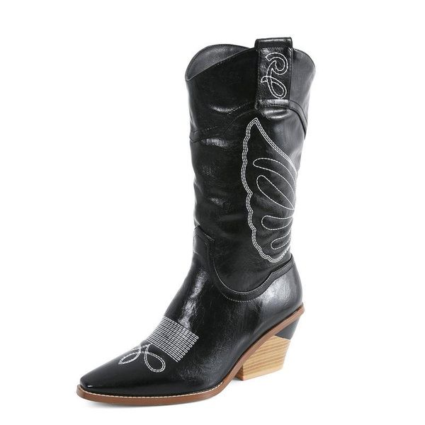 

2020 fretwork mid calf boots women faux leather wedges knee high boots square toe winter plush high heel woman western, Black