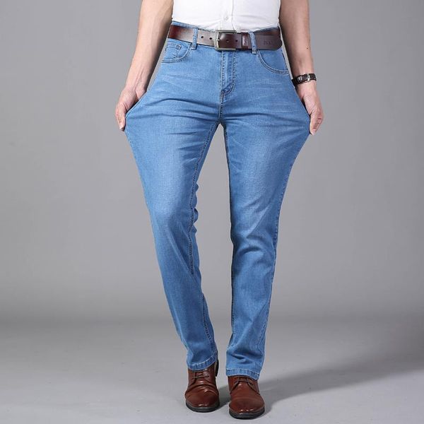 

brand men's slim jeans 2021 spring summer new thin stretch business smart casual trousers fashion denim pants male sky blue,9002