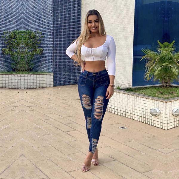 

2021 women's jeans with high waist and small feet, Blue