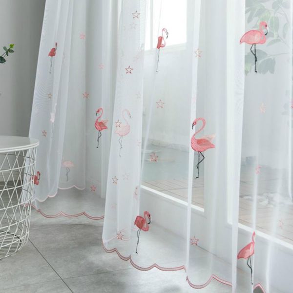 

nordic pink flamingos embroidered tulle curtains for children bedroom white lace panel sheer cute curtain for window drapes1