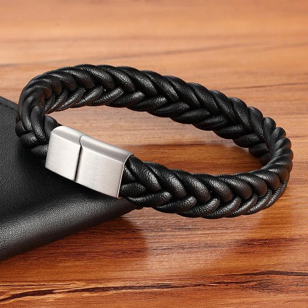 

xqni hand-knitted simple style classic men bracelet multi-color stainless steel magnetic clasp charm leather bracelets gift sqcujs, Golden;silver