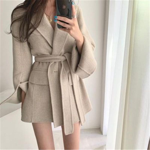 

womens solid color coat fall winter korean chic elegant belt flare sleeve thick oatmeal warm females jacket loose outwear1, Black