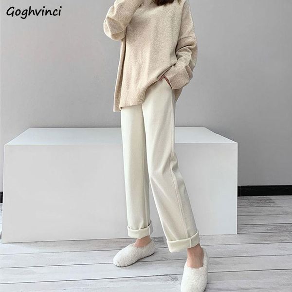 

women casual pants plus thicker warm wide leg trousers elastic waist winter solid korean style all-match chic simple elegant, Black;white