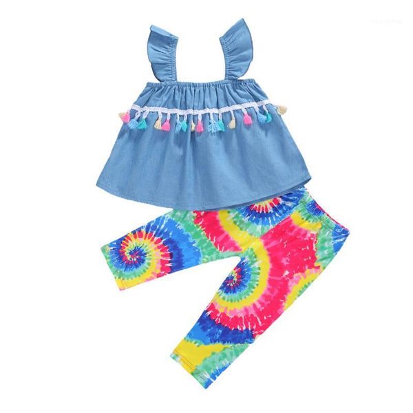 

clothing sets infant kids baby girl tassel sleeveless tank colorful tie dye pants 2pcs summer set1, White
