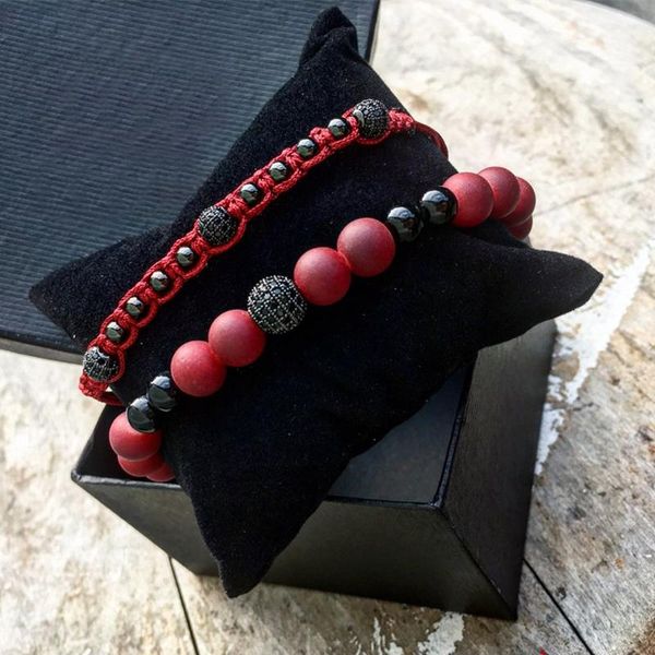 

charm bracelets attyirena 2pcs/set red natural stone beads male bracelet micro cz bead woven female braiding macrame cord men, Golden;silver
