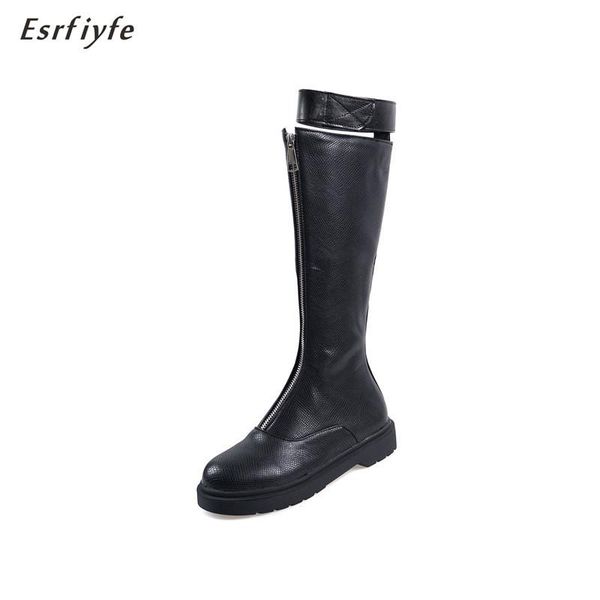 

boots esrfiyfe 2021 snake print low heels women shoes buckle strap knee high long riding front zipper designer ladies, Black