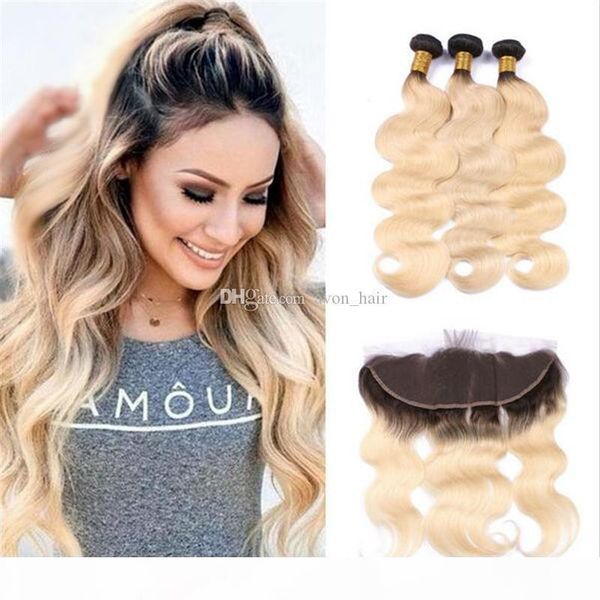 

blonde 1b 613 hair bundles with lace frontal 13x4 dark root blonde ear to ear frontal with hair extension, Black;brown