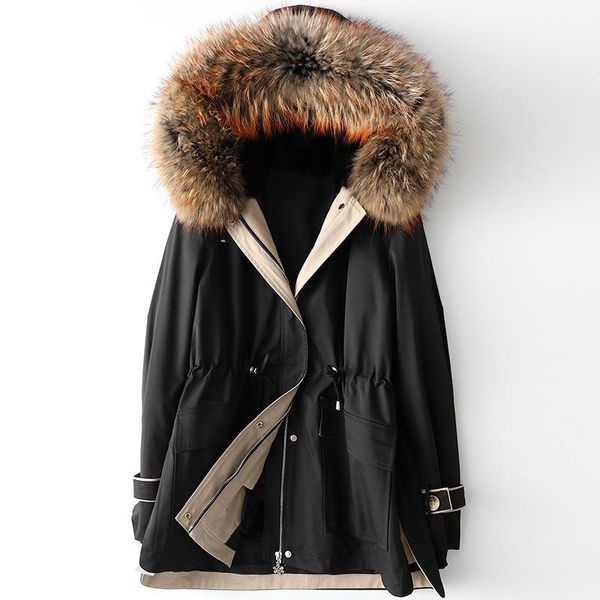 

women's middle long raccoon dog parka autumn and winter new hair inner bladder hooded zipper fur collar thick warm coat1, Black