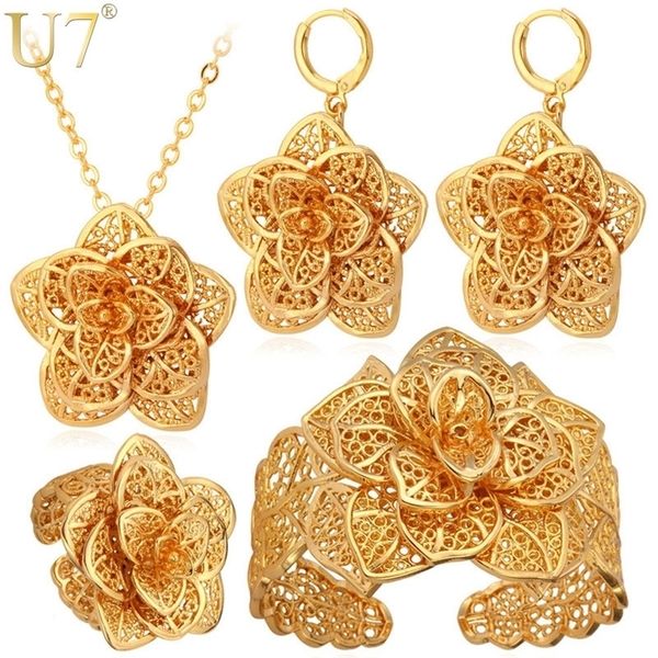 

u7 vintage flower sets gold necklace cuff bracelet drop earrings & ring bridal wedding jewelry set for women gift s56 201222, Slivery;crystal