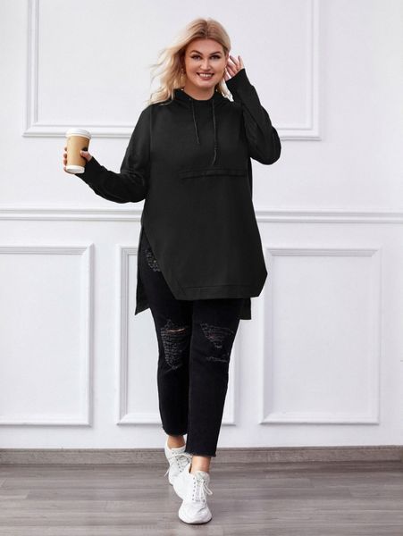 

plus split hem slogan graphic drawstring hoodie 43qh#, Black