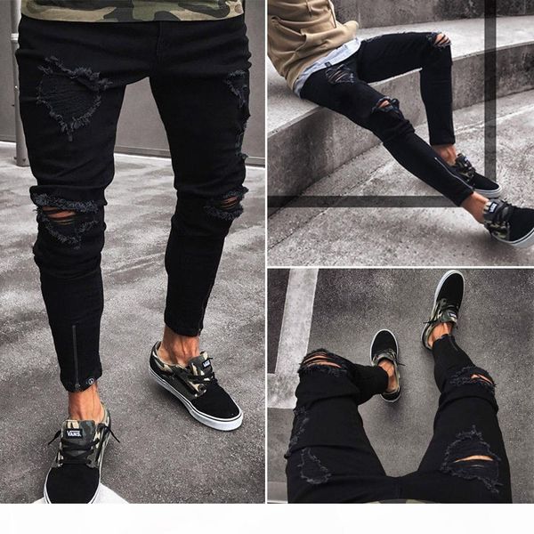 

cool men's ripped skinny jeans destroyed frayed slim fit denim pants trousers, Blue