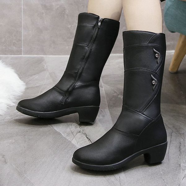

boots plus size 35-52 nice mid calf women autumn retro rain shoes woman high heels mature female soft sliver decoration boot, Black