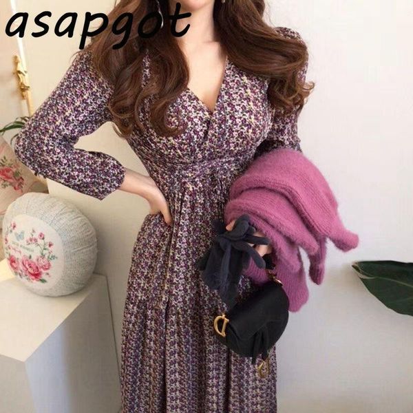 

korean chic lace up waist slim vintage v neck floral pleated dress long elegant bohe print long sleeve vestido de mujer autumn, Black;gray