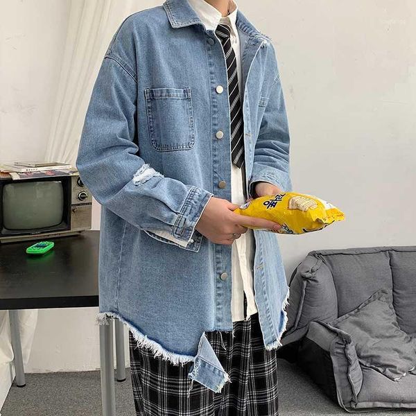 

2020 new men's denim jacket ripped tassels loose casual denim jacket youngster casual lapel windbreaker1, Black;brown