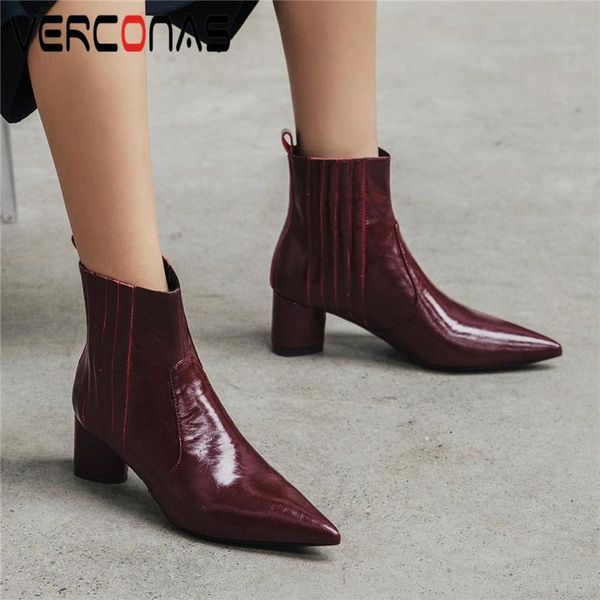 

verconas fashion concise women ankle boots pointed toe high heels shoes woman autumn winter retro genuine leather basic boots, Black