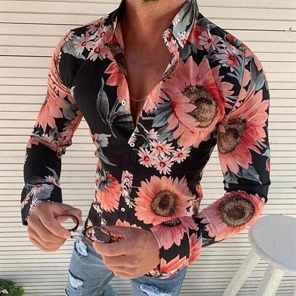 

men's casual shirts plus size 3xl 2021 autumn mens long sleeve flower print cotton fashion holiday clothing, White;black