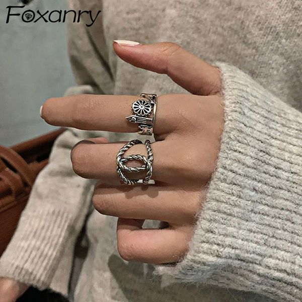 

cluster rings foxanry 925 sterling silver finger ins fashion creative castle hollow cross geometric vintage punk party jewelry for women, Golden;silver