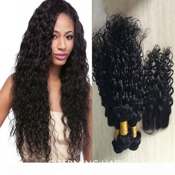 

brazilian virgin human hair weaves with closure 3pcs hair weft+1pc lace closure 4x4 lace closure with bundles water wave 8a 4pcs lot, Black
