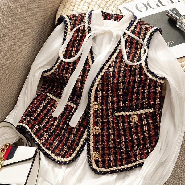 

red tweed vest women's fashion short cardigan vests all-matching celebrity style plaid fringe waistcoat for women, Black;white