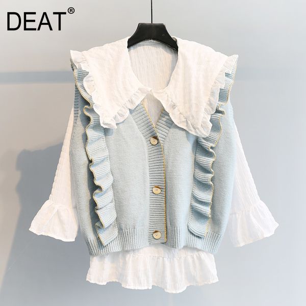 

[deat] 2020 new autumn fashion vintage style kniited sweater women full sleeve loose ruffled elegant short jacket lj201114, White;black
