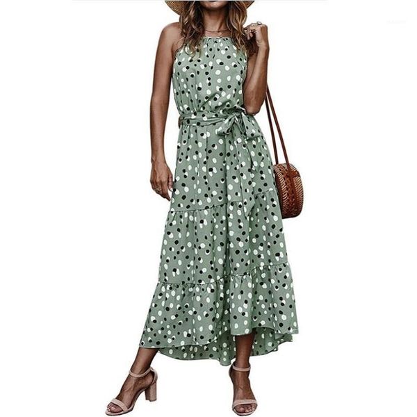 

ladies boho dress a-line o-neck polka-dot maxi dess women long holiday foral print summer women beach dress female vestidos1, Black;gray
