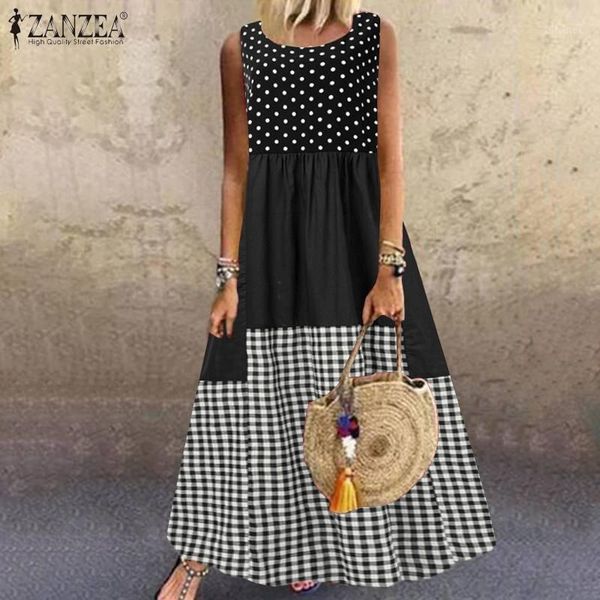 

zanzea summer sleeveless plaid dress vintage women polka dot sundress bohemian pacthwork beach vestido kaftan printed dresses1, Black;gray