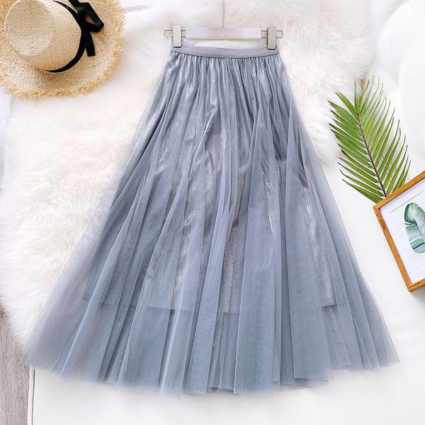 

2021 new shiny mesh elastic high waist women summer pleated long vintage skirt jupe femme saia nyp2, Black