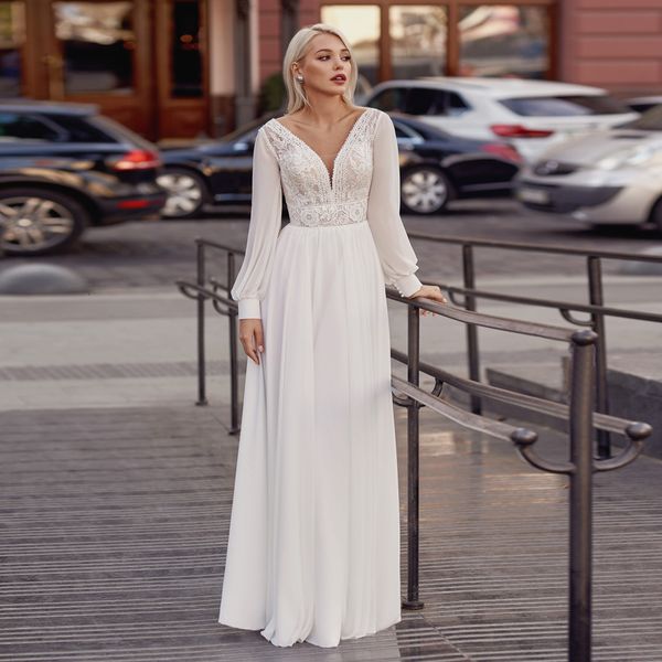 

2021 new a line bohemian wedding modest v neck long sleeves lace applique sweep train boho beach bridal es 92ny, White