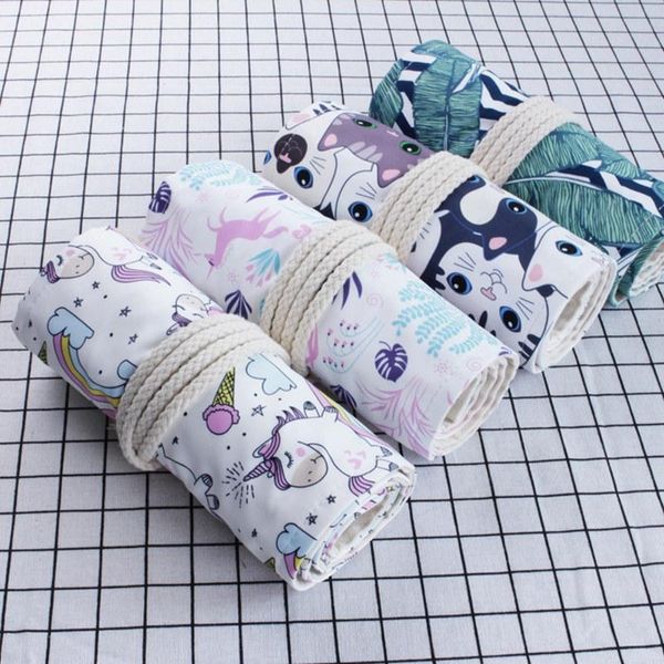 

36 48 72 holes canvas pencil case cute cat art pen bag pouch wrap roll makeup cosmetic brush pen storage stationery student gift