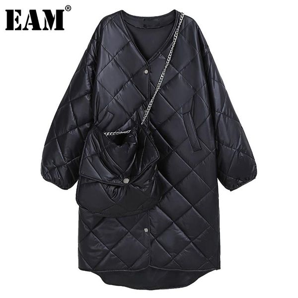 

[eam] argyle pattern big size v-neck cotton-padded coat long sleeve loose women parkas fashion new autumn winter 2021 1dd4002, Black