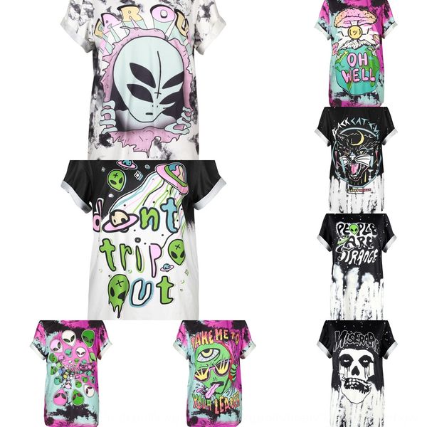 

spaceship skull t-shirt digital printing women's casual loose t-shirt medium long large size fashion brand yrwbj, White